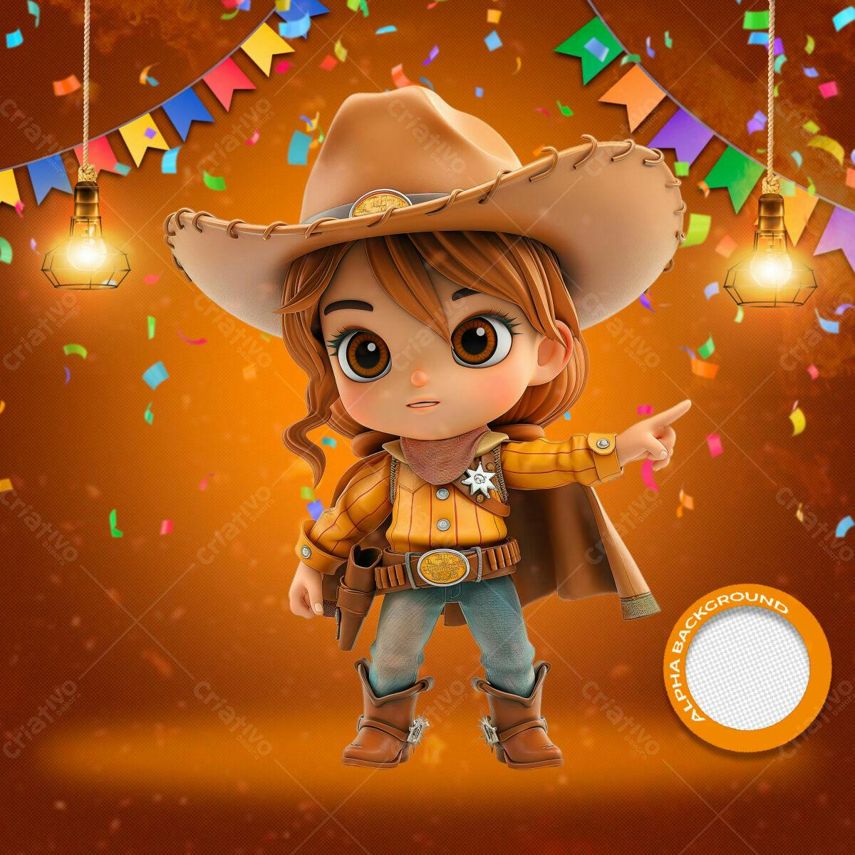 PSD Festa Junina Infantil com Cowgirl 3D
