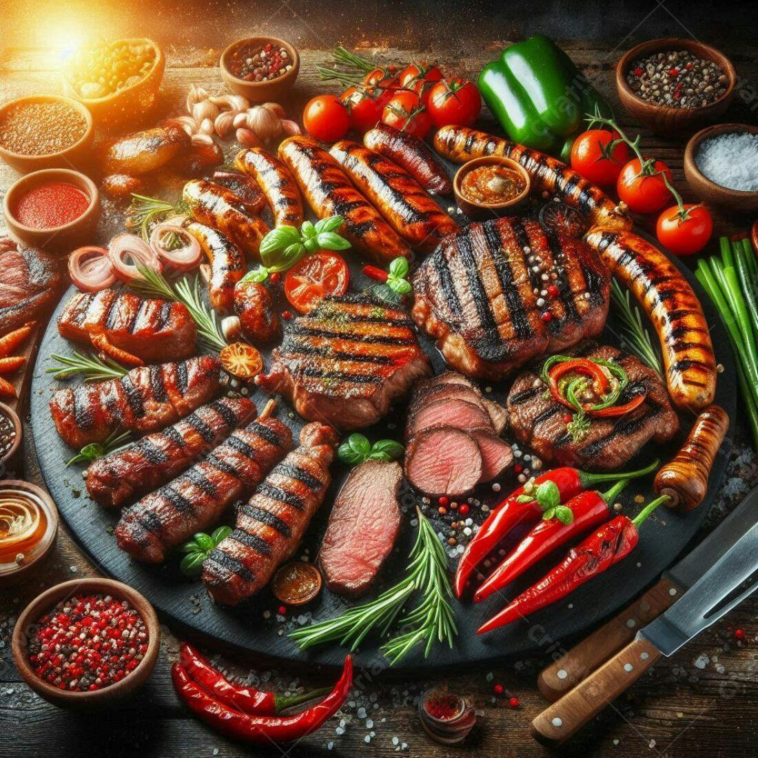 Churrasco com carnes grelhadas e acompanhamentos