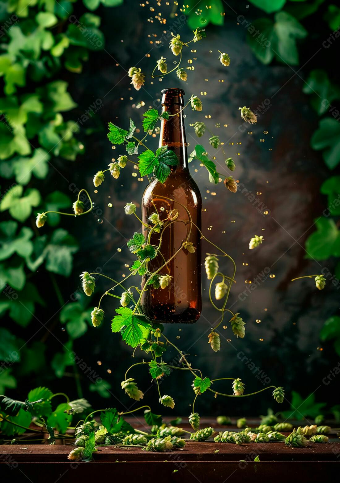 Garrafa de cerveja com lúpulo em queda