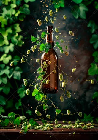 Uma garrafa de cerveja com delicadas vinhas de lúpulo 2