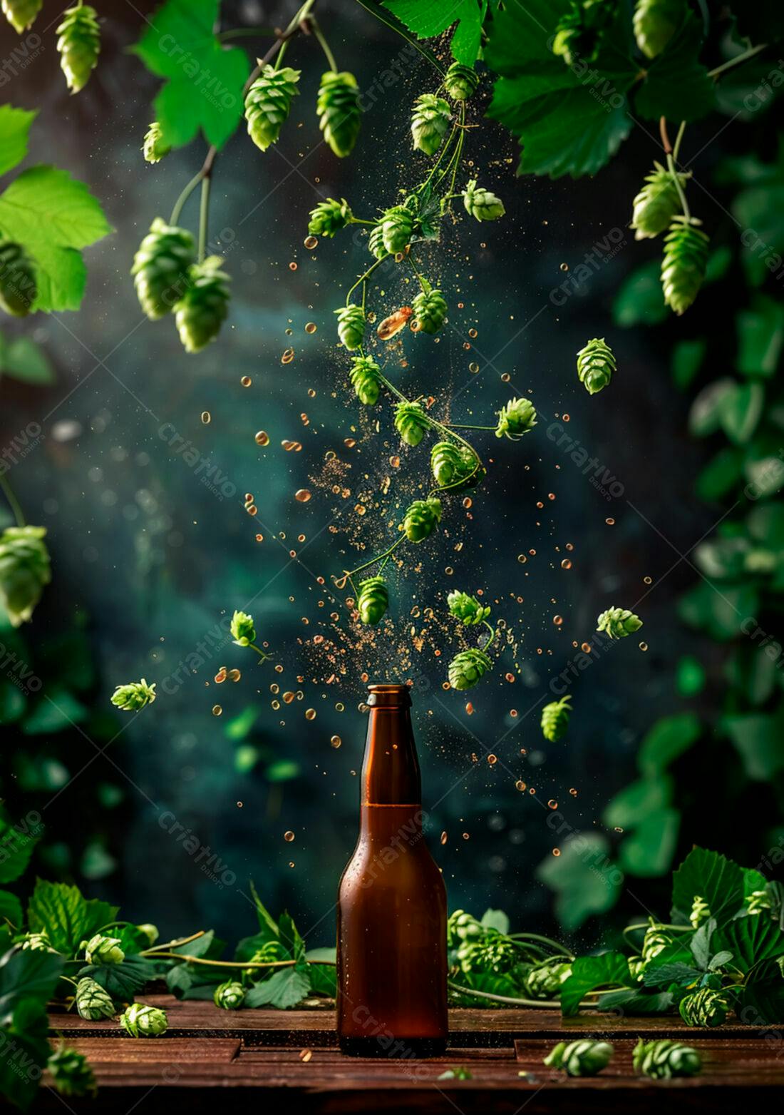 Garrafa de cerveja com lúpulo em queda