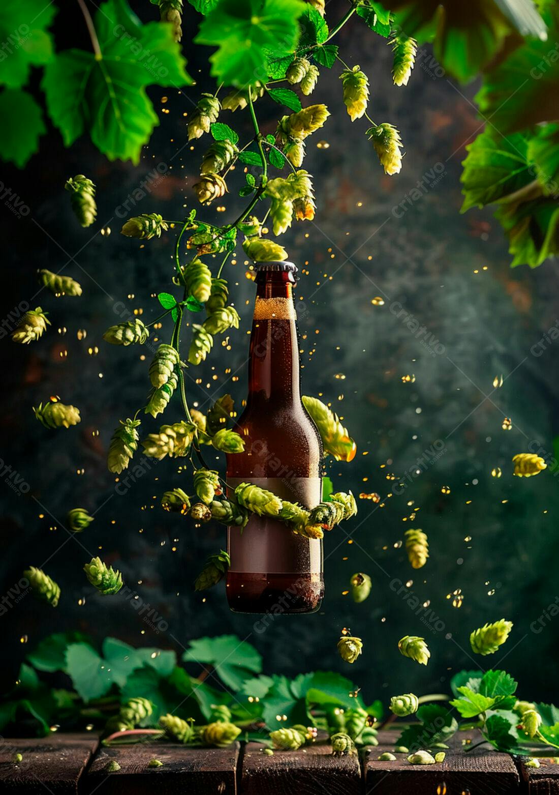Garrafa de cerveja com lúpulo em queda