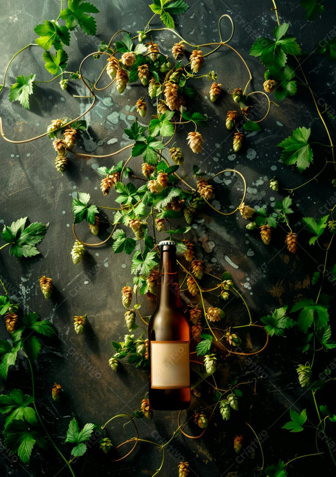 Garrafa de cerveja artesanal com lúpulo fresco