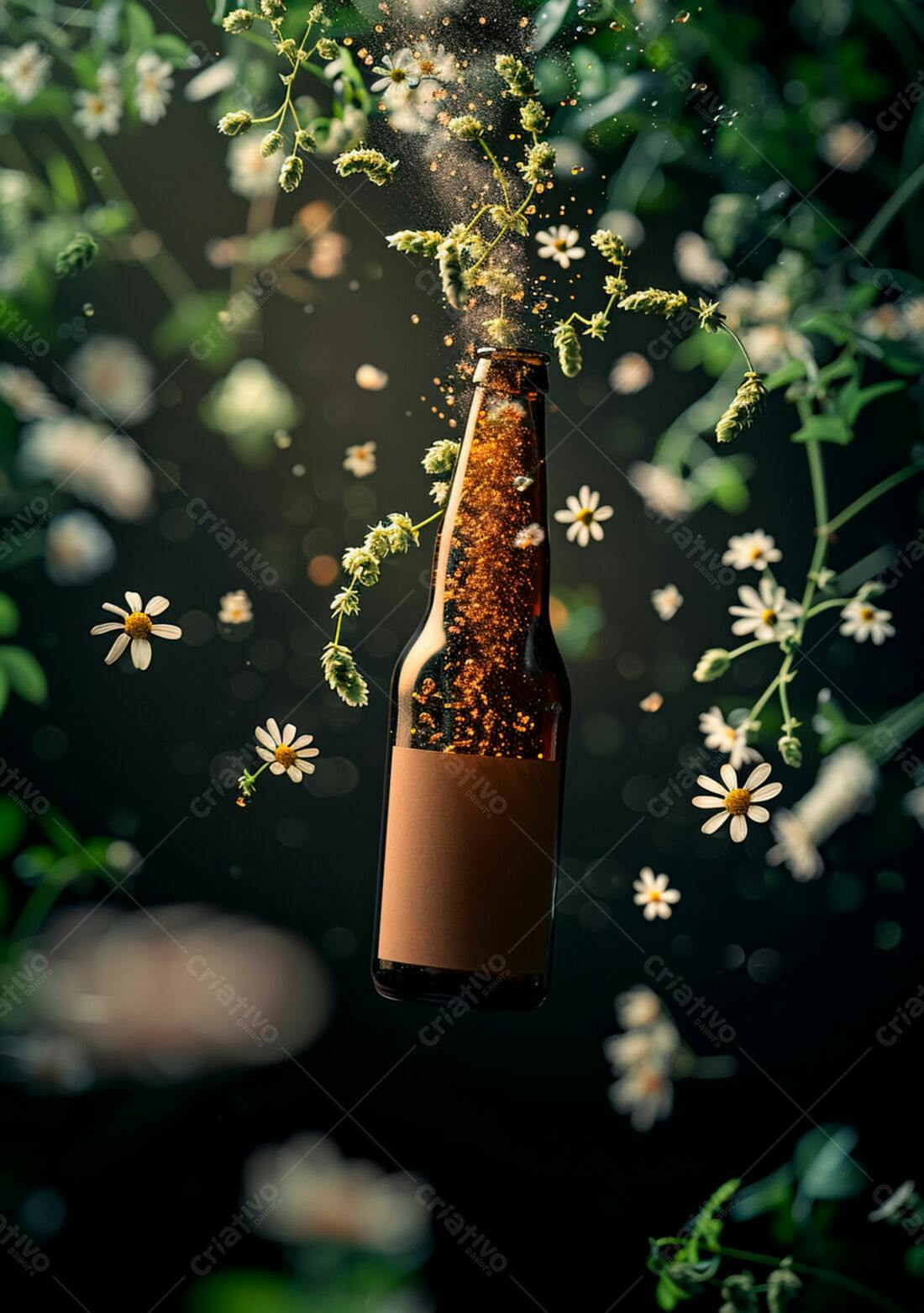 Garrafa de cerveja artesanal com flores