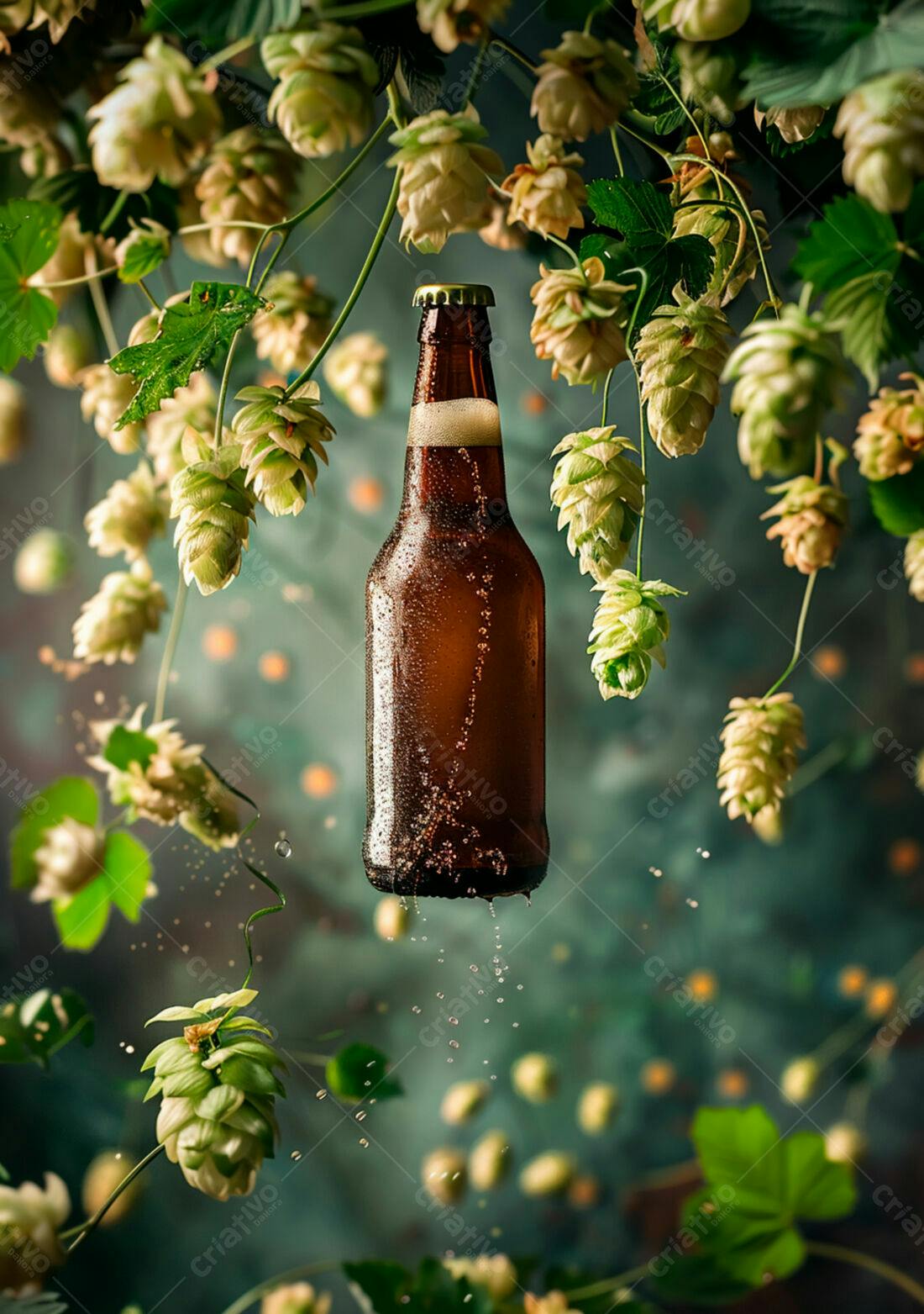 Garrafa de cerveja artesanal com lúpulo