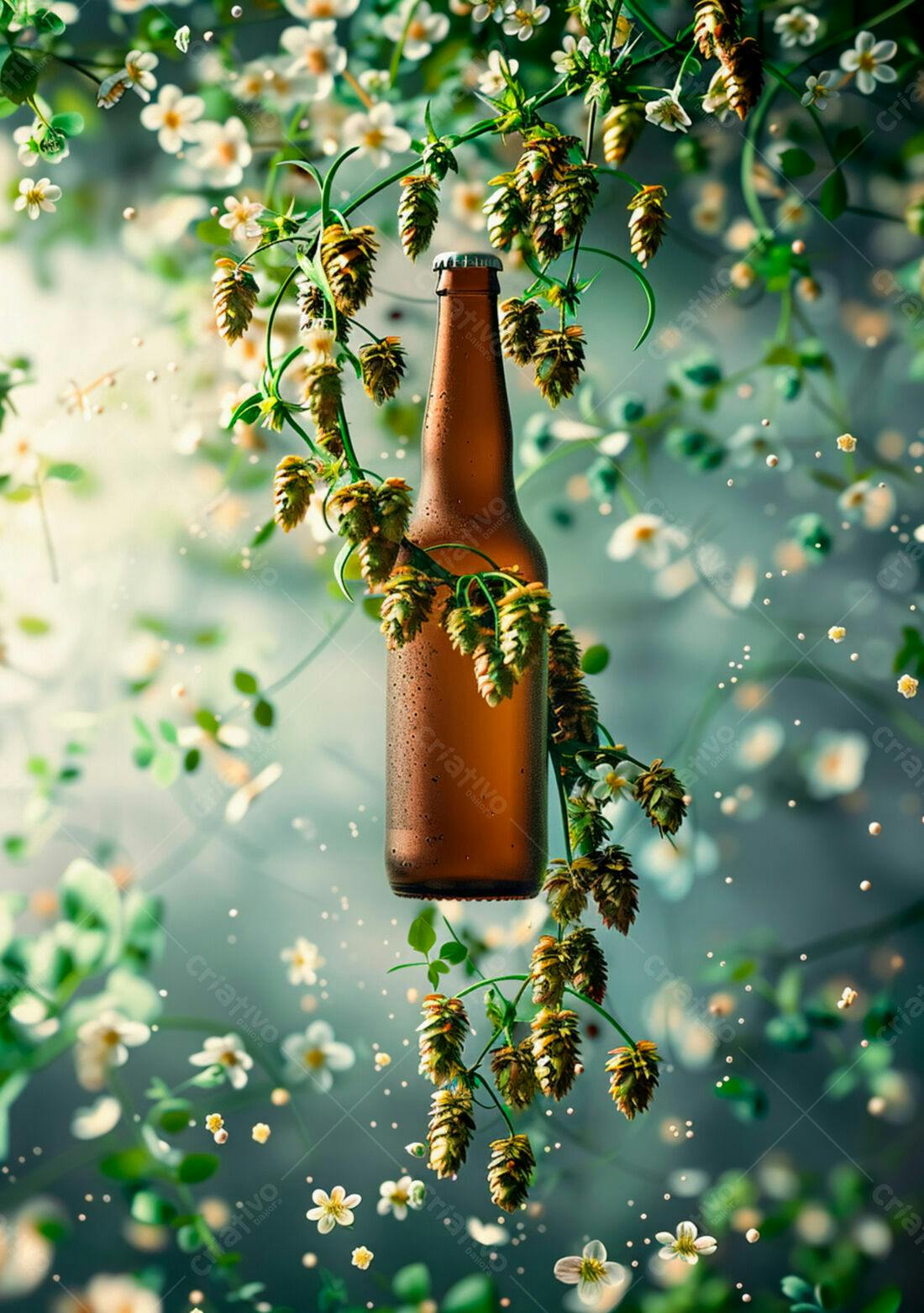 Garrafa de cerveja artesanal com lúpulo e flores