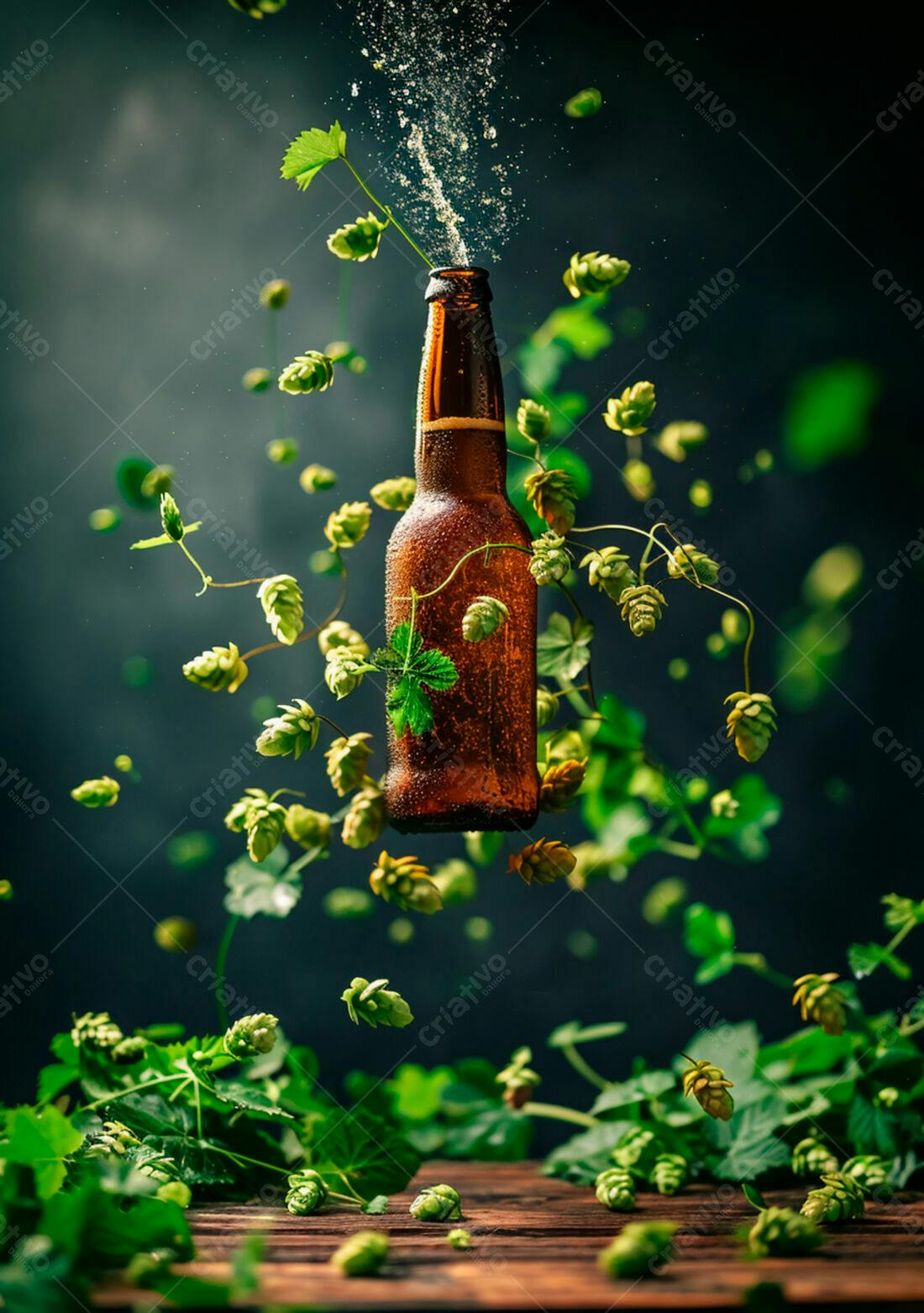 Garrafa de cerveja com lúpulo em queda