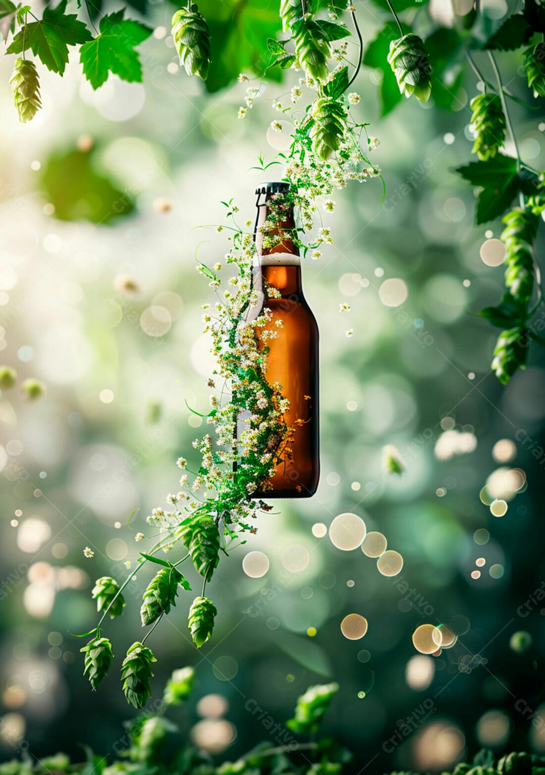 Garrafa de cerveja artesanal com lúpulo