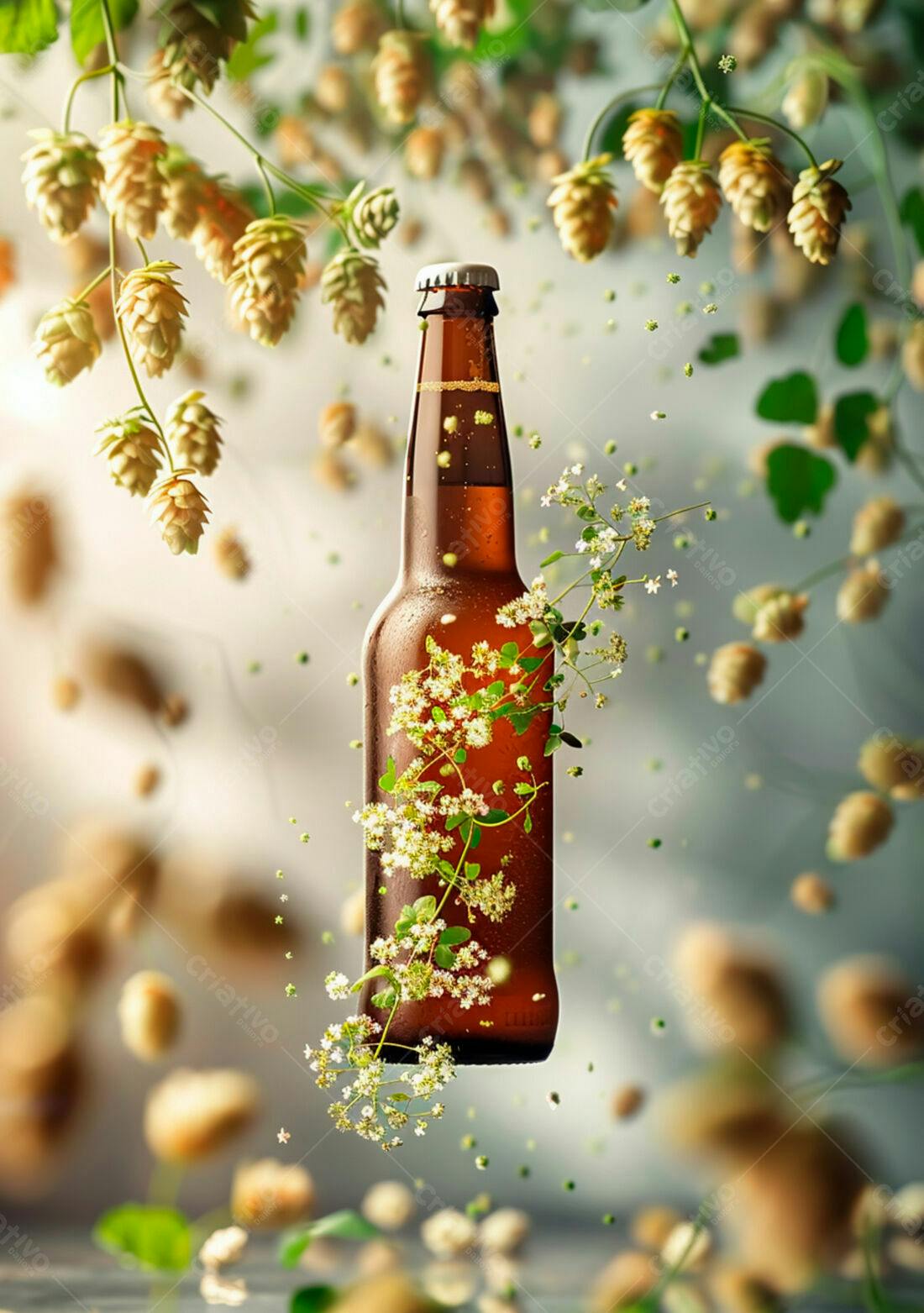 Garrafa de cerveja artesanal com lúpulo e flores