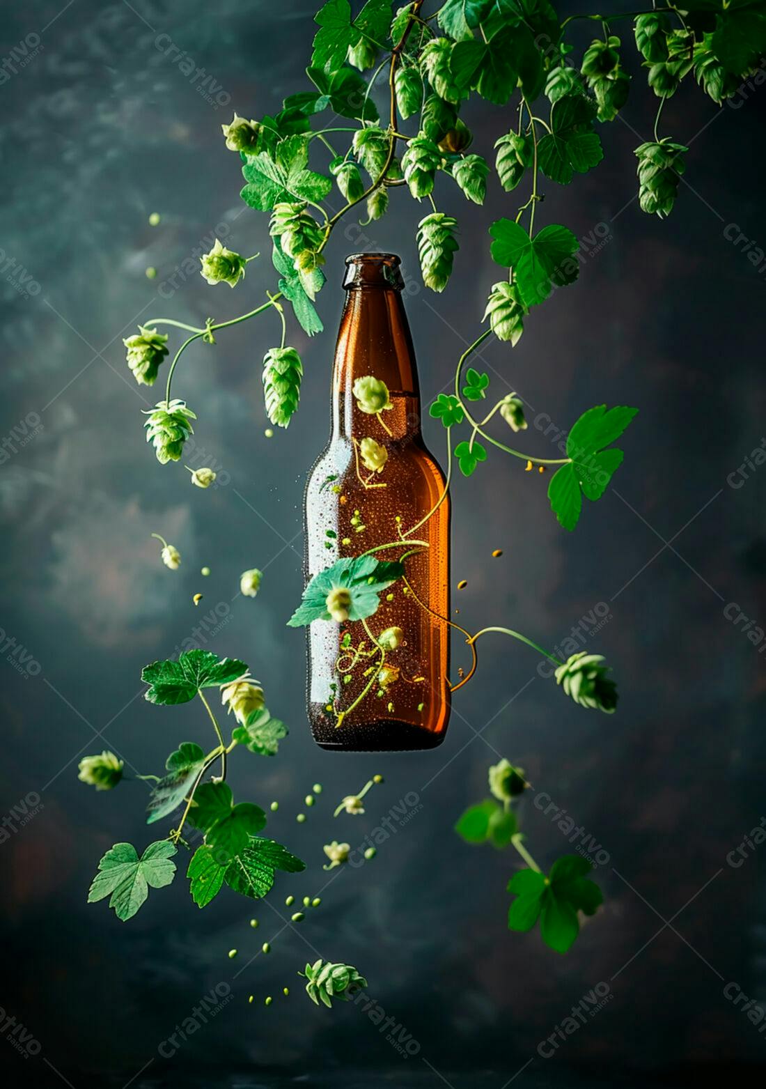 Garrafa de cerveja com lúpulo
