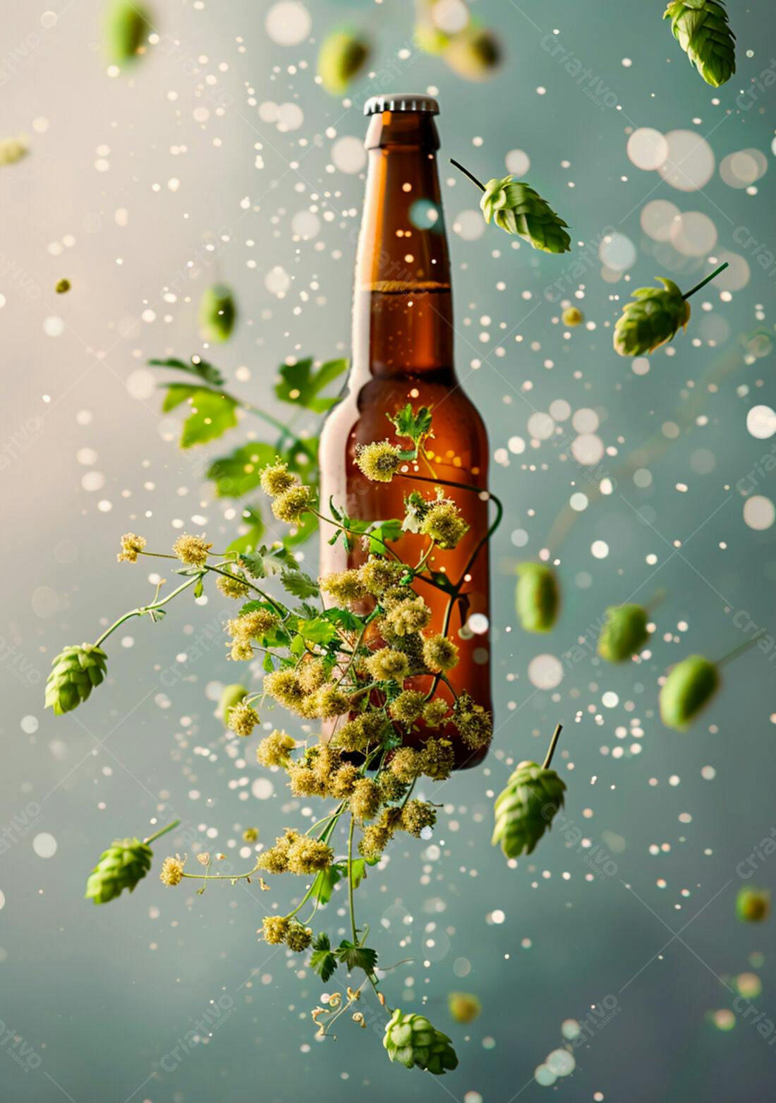 Garrafa de Cerveja com Lúpulo e Flores