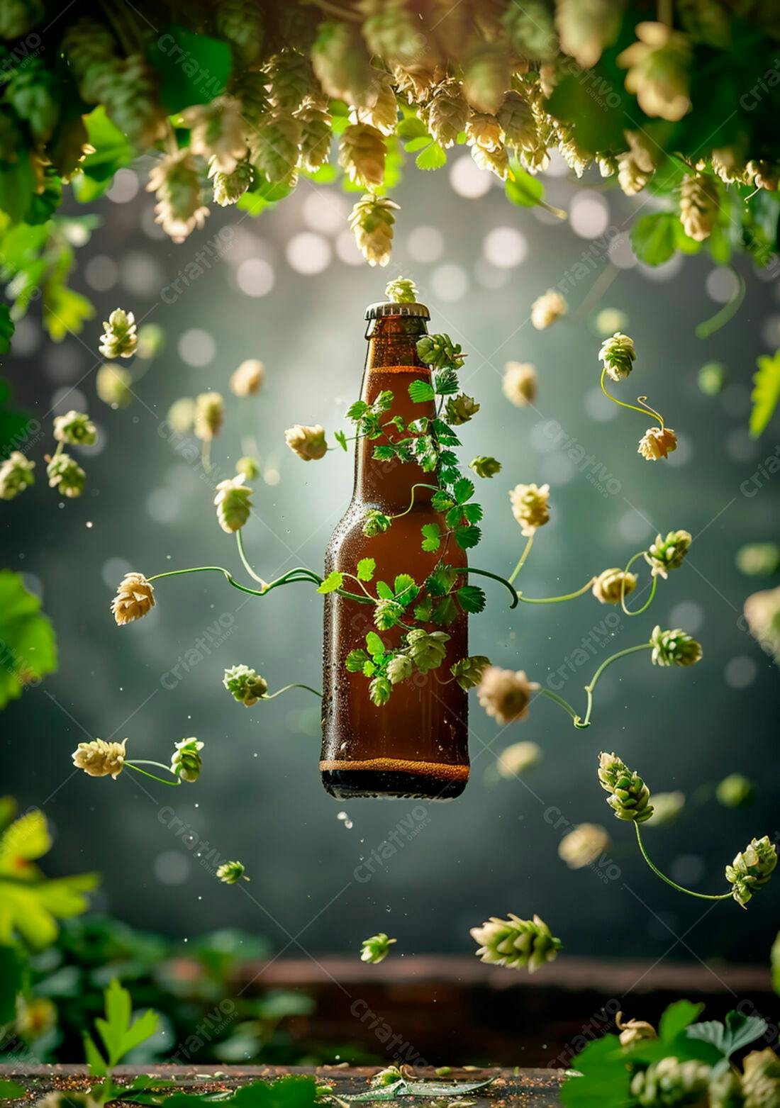 Garrafa de cerveja com lúpulo em queda