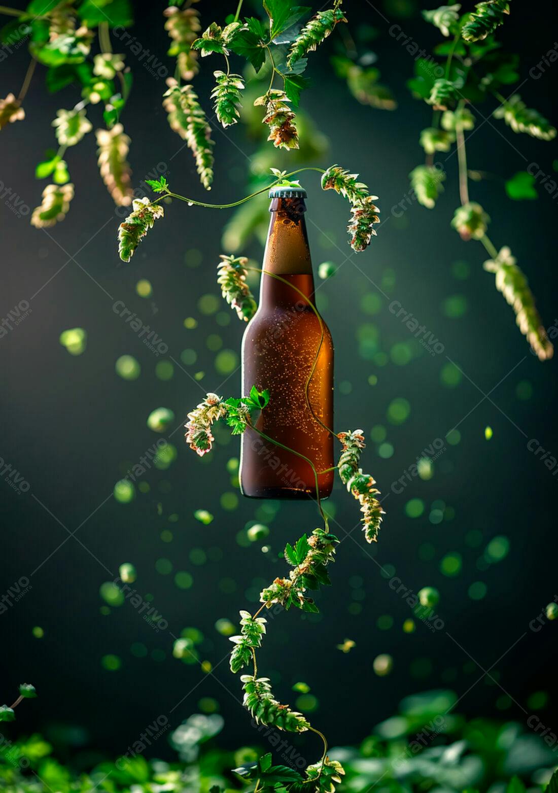 Garrafa de cerveja artesanal com lúpulo
