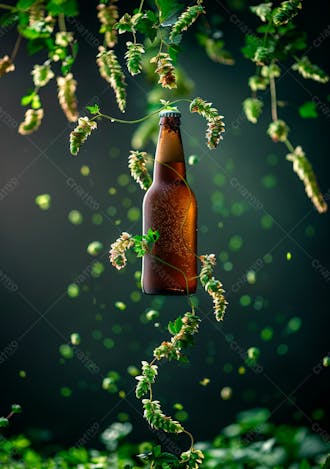Uma garrafa de cerveja com delicadas vinhas de lúpulo 19