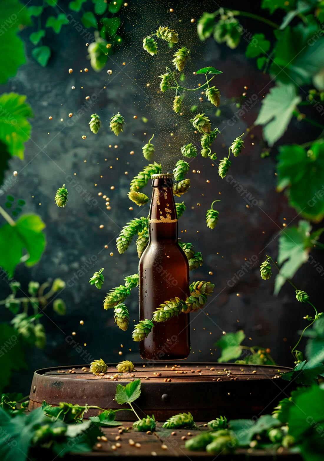 Garrafa de cerveja com lúpulo em queda