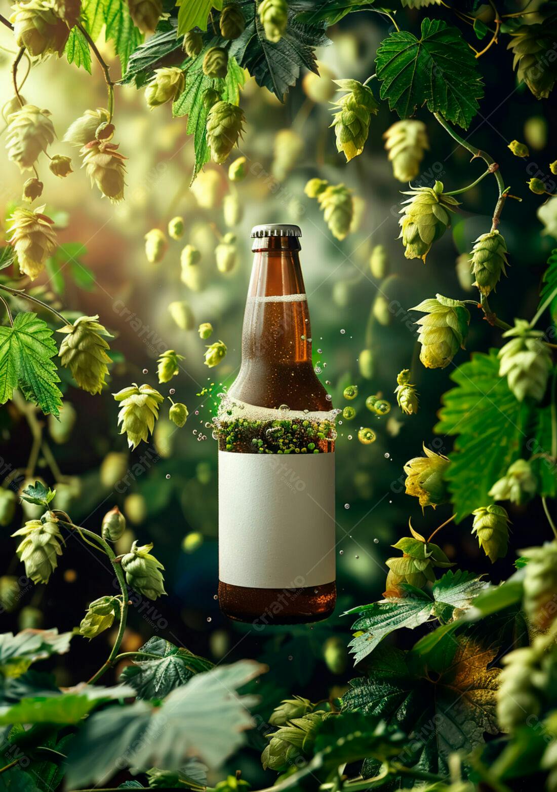 Garrafa de cerveja artesanal com lúpulo