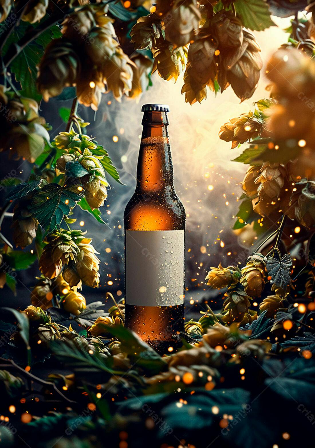 Garrafa de cerveja artesanal entre lúpulos