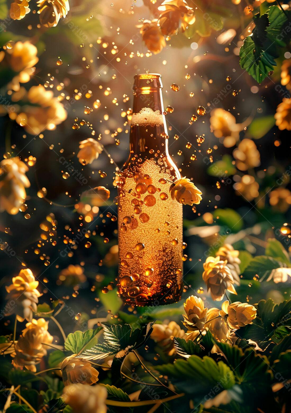 Garrafa de cerveja dourada entre lúpulos