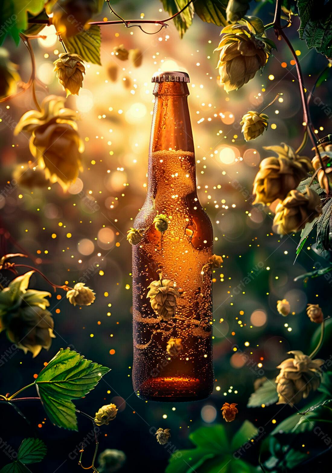 Garrafa de cerveja artesanal com lúpulo