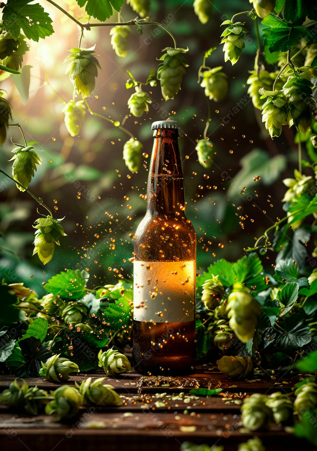 Garrafa de cerveja artesanal com lúpulo