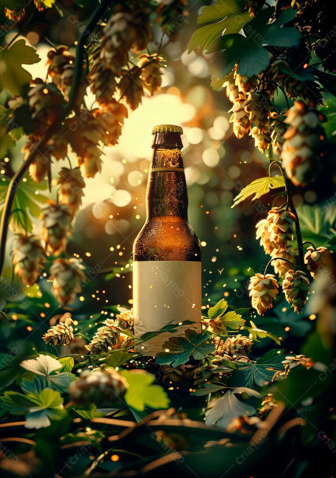 Garrafa de cerveja artesanal em meio a lúpulo