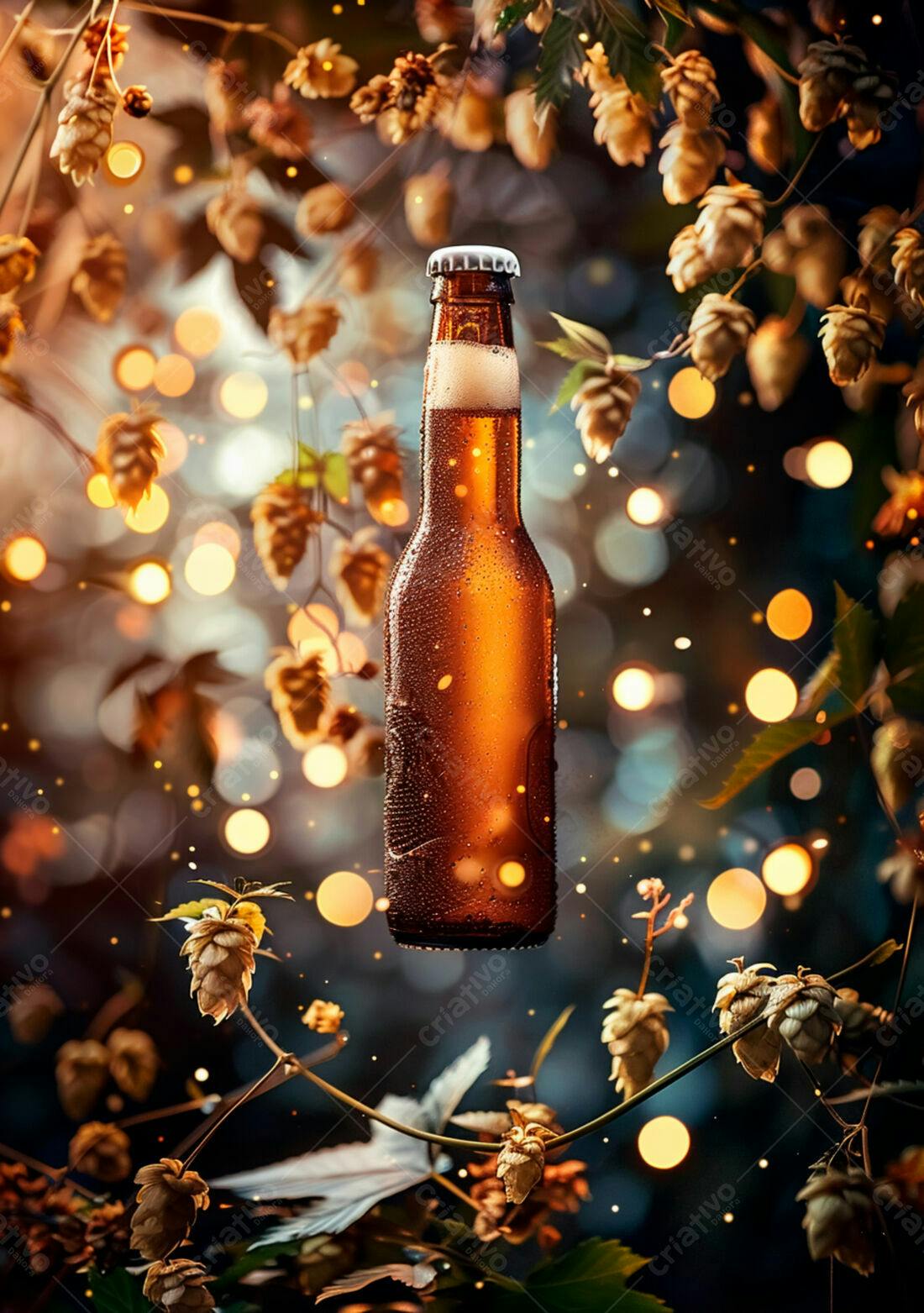 Garrafa de cerveja artesanal com lúpulo