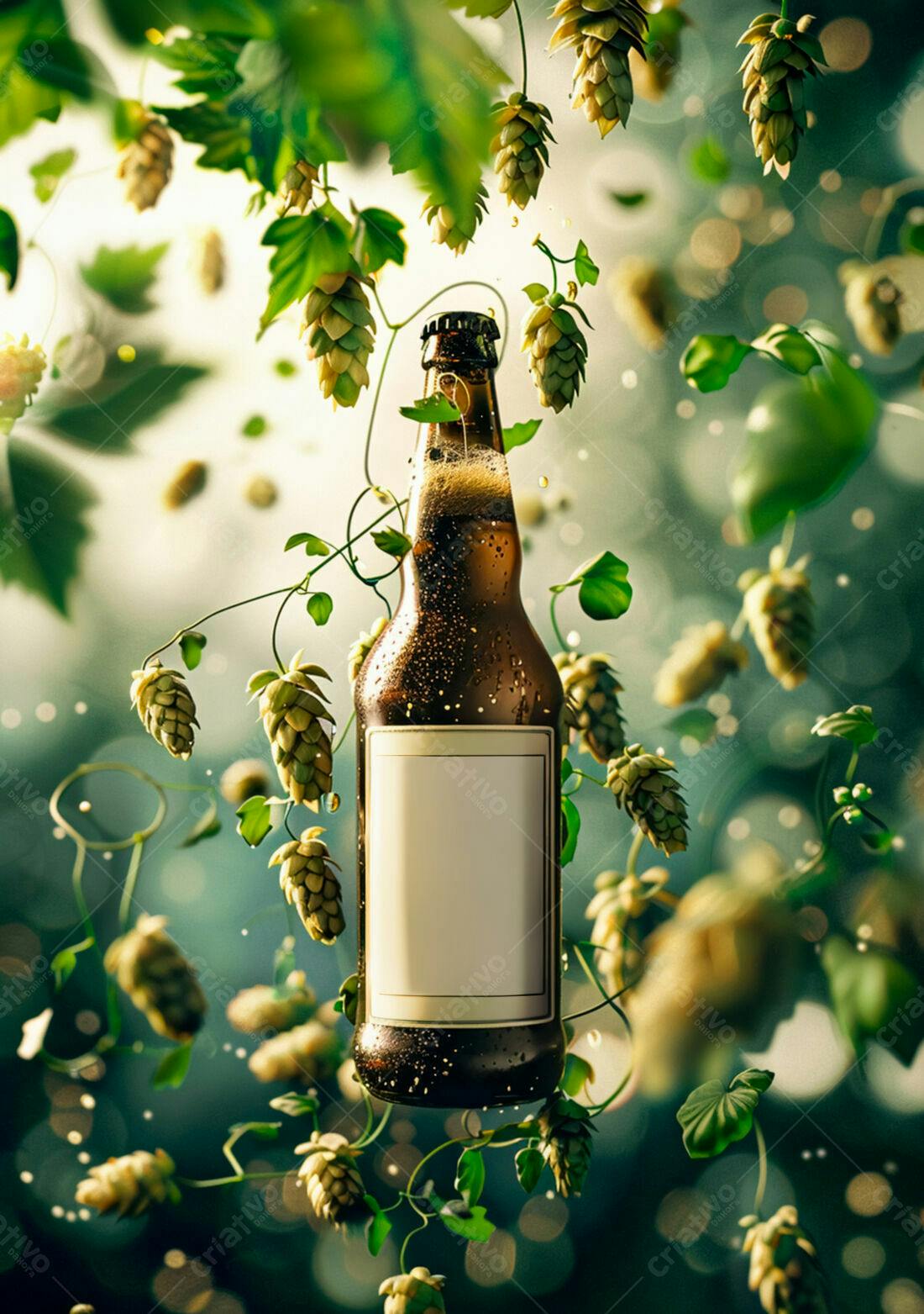 Garrafa de cerveja artesanal com lúpulo