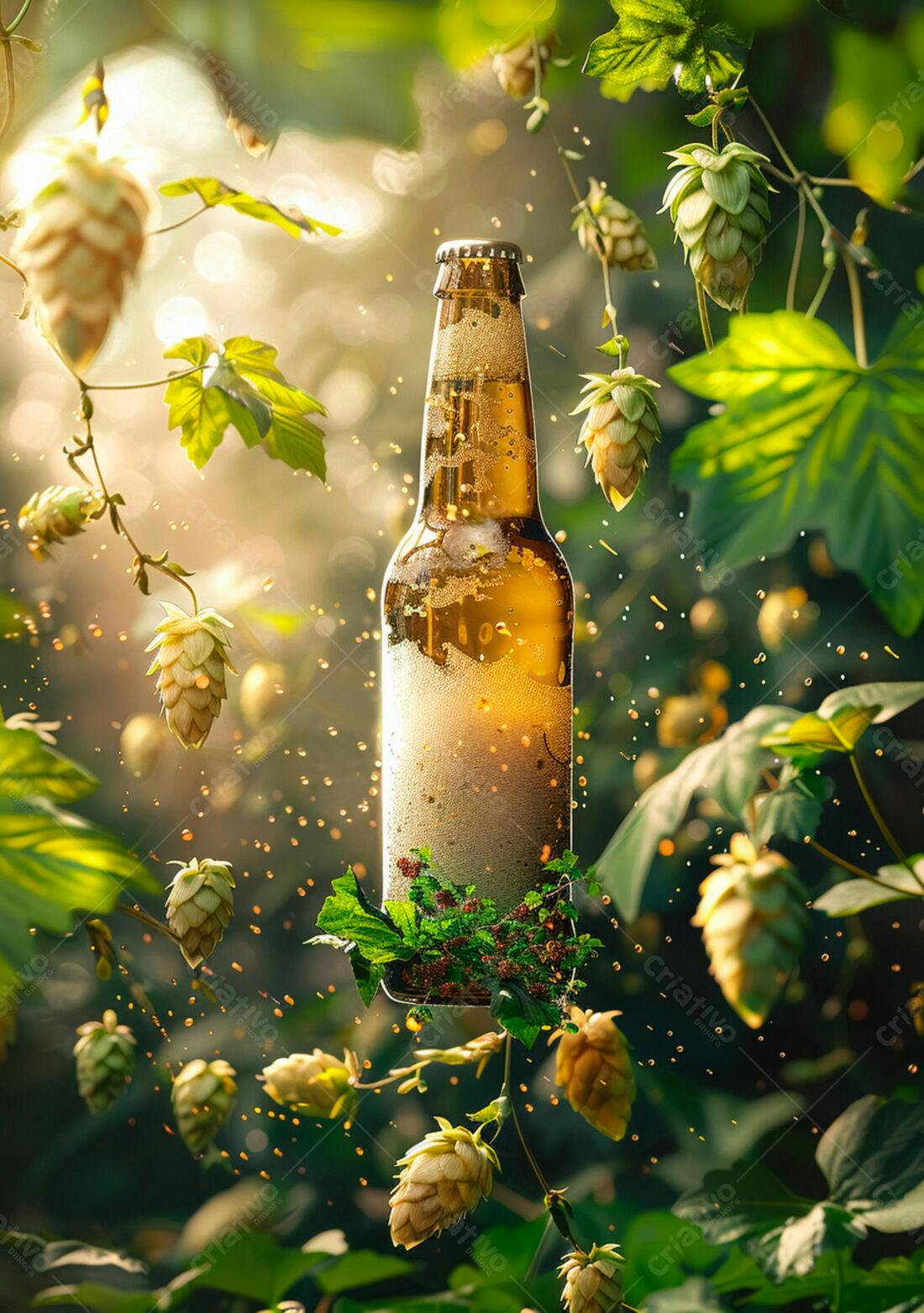 Garrafa de cerveja artesanal com lúpulo