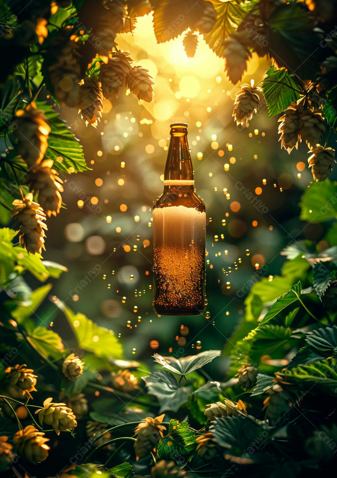 Garrafa de cerveja dourada em plantação de lúpulo