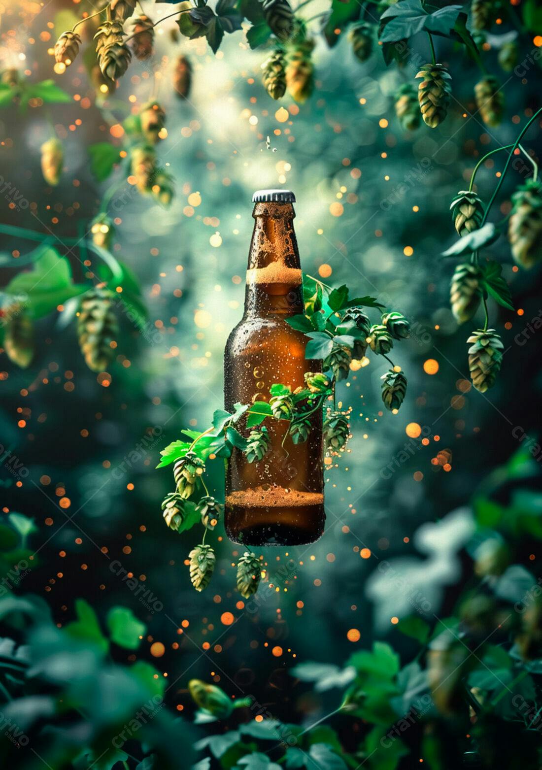 Garrafa de cerveja artesanal com lúpulo