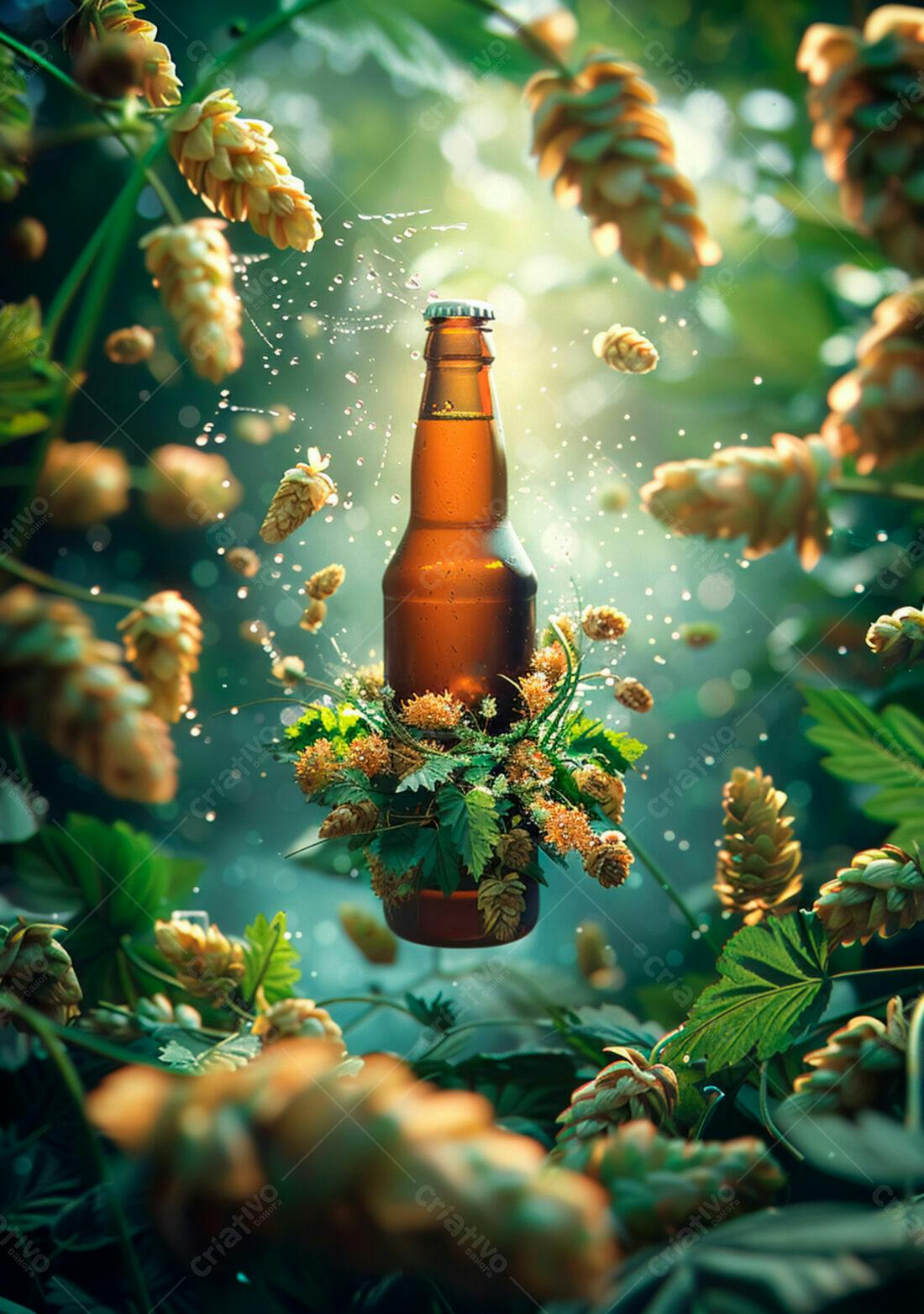 Garrafa de cerveja artesanal cercada por lúpulo