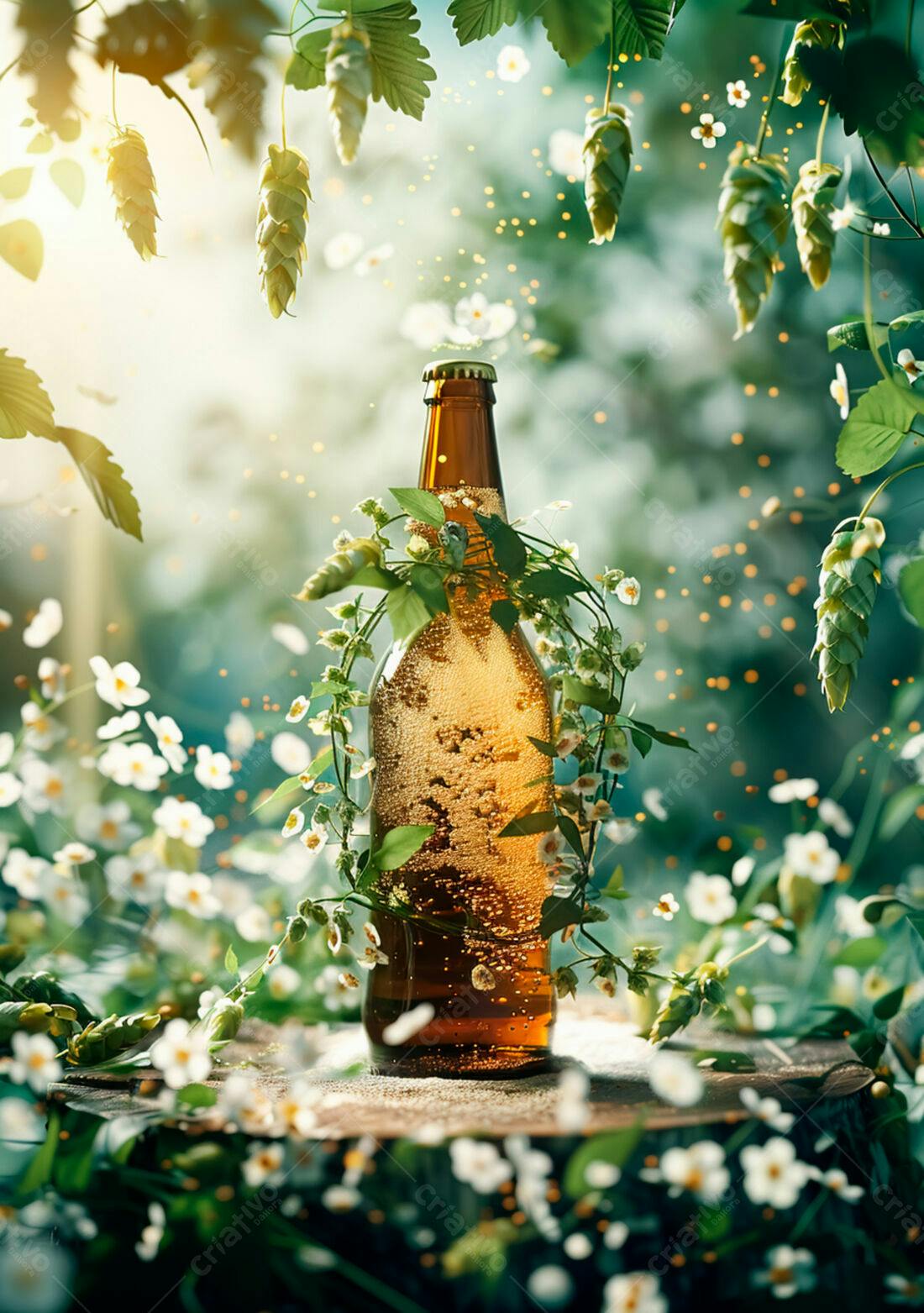 Garrafa de cerveja artesanal cercada por flores e lúpulo