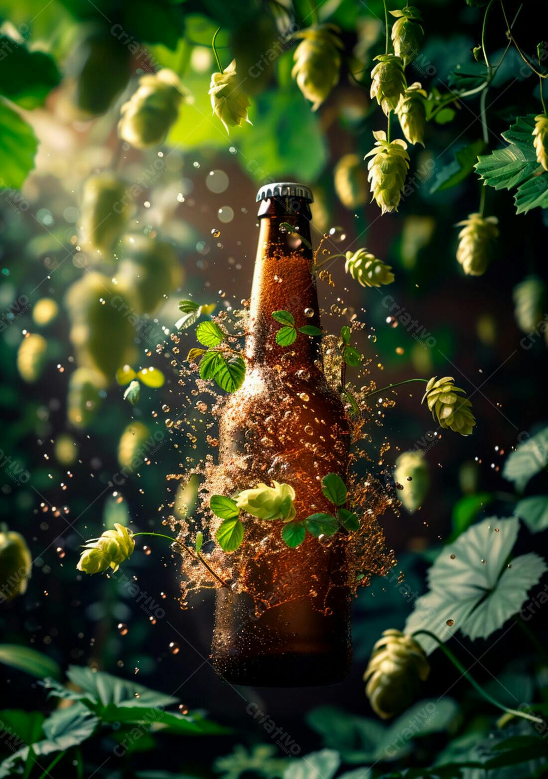 Garrafa de cerveja artesanal com lúpulo