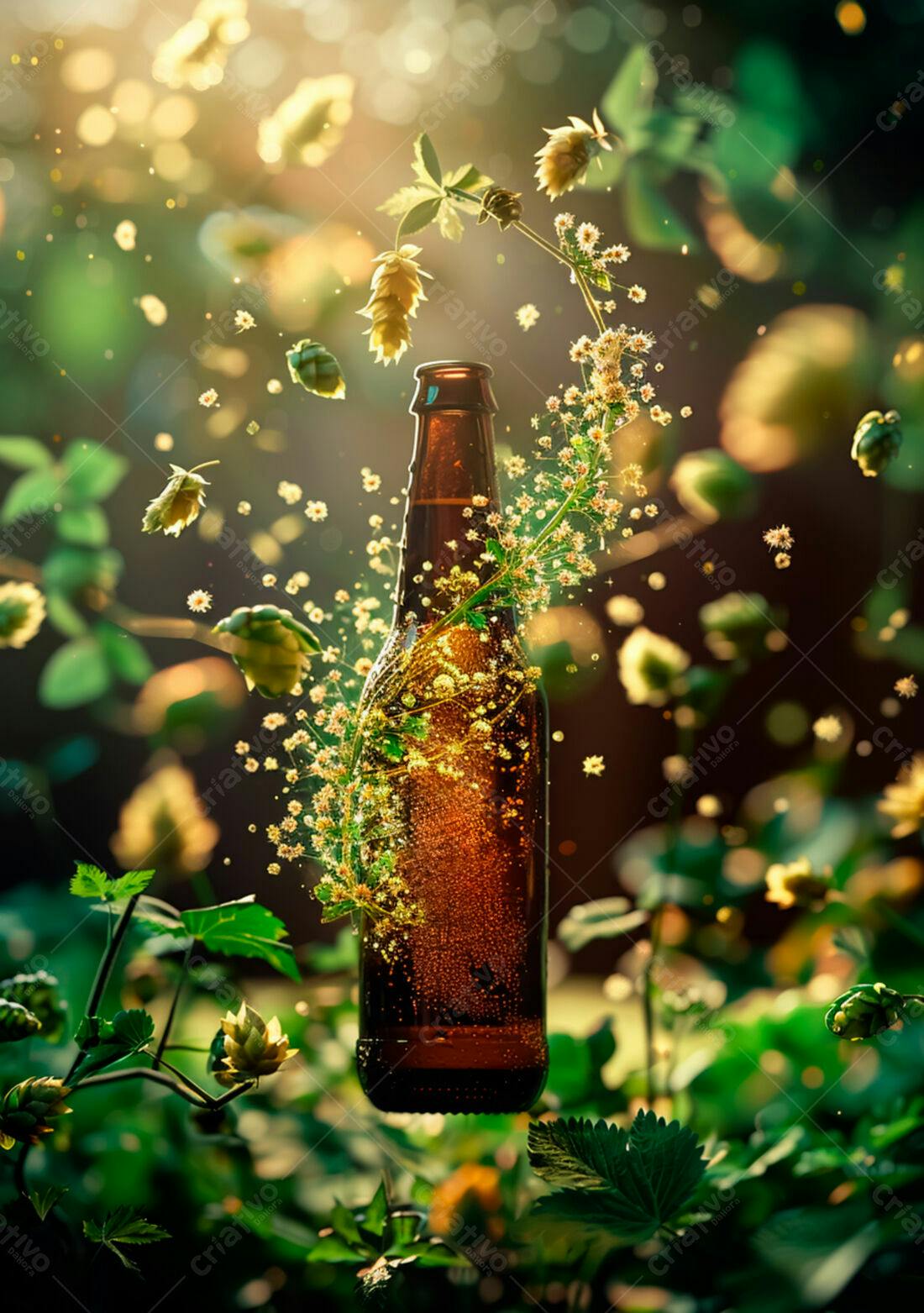 Garrafa de cerveja artesanal com lúpulo