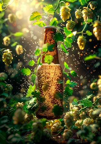 Uma garrafa de cerveja com delicadas vinhas de lúpulo 37