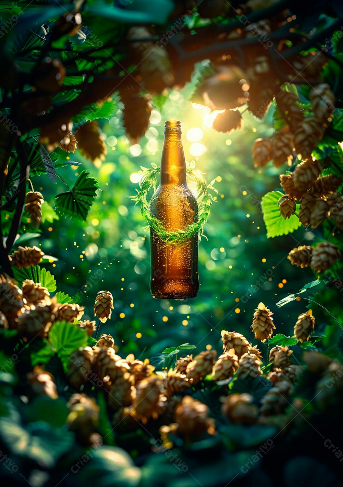 Garrafa de cerveja em meio a lúpulos