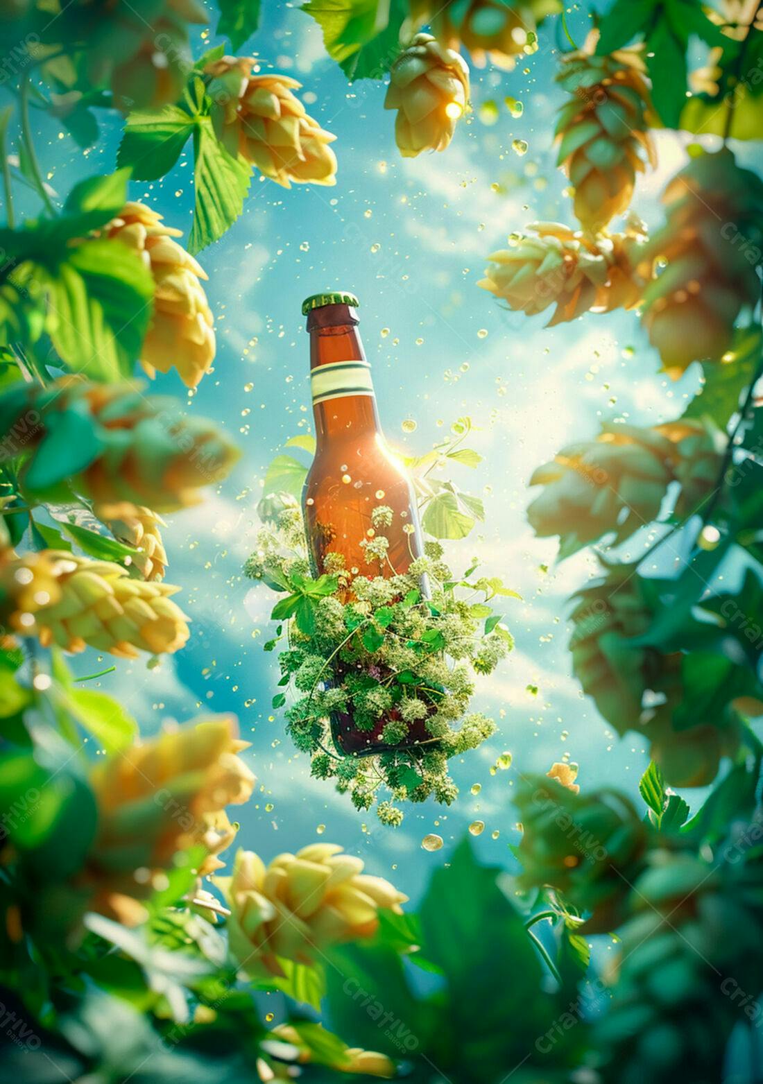 Garrafa de cerveja cercada por lúpulo