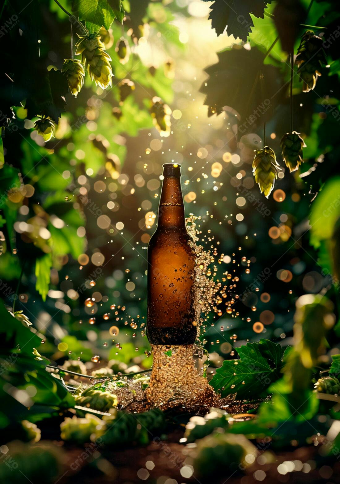 Garrafa de cerveja em meio a lúpulos