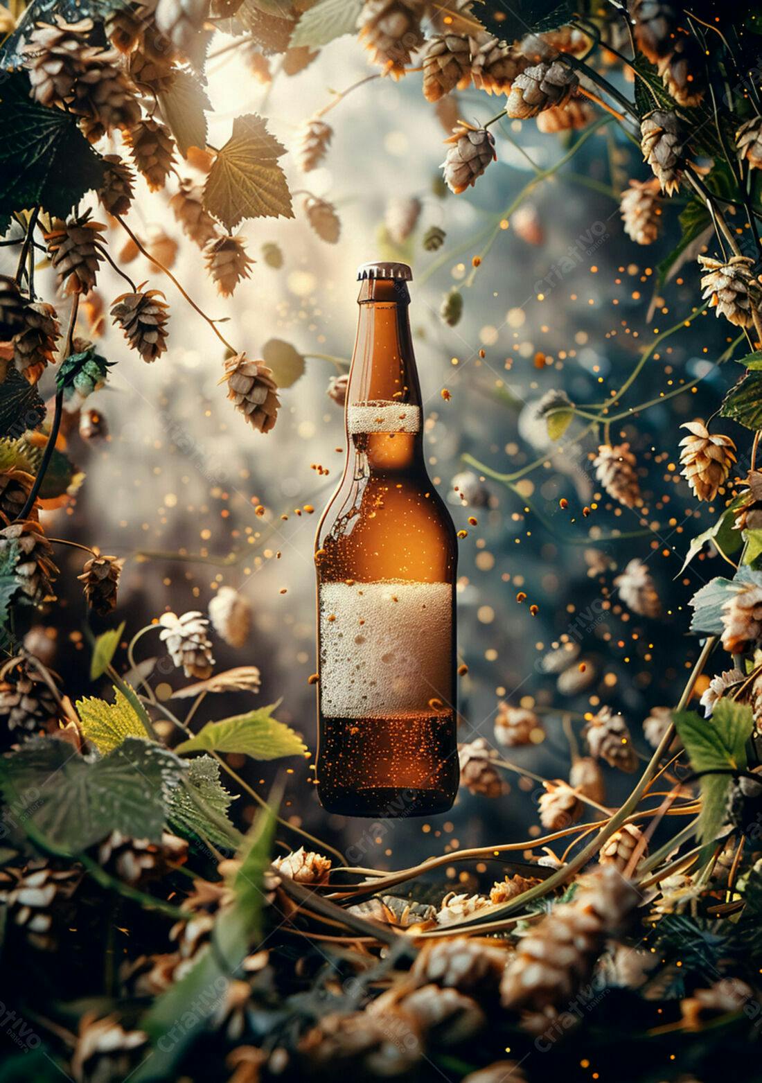 Garrafa de cerveja artesanal entre lúpulos