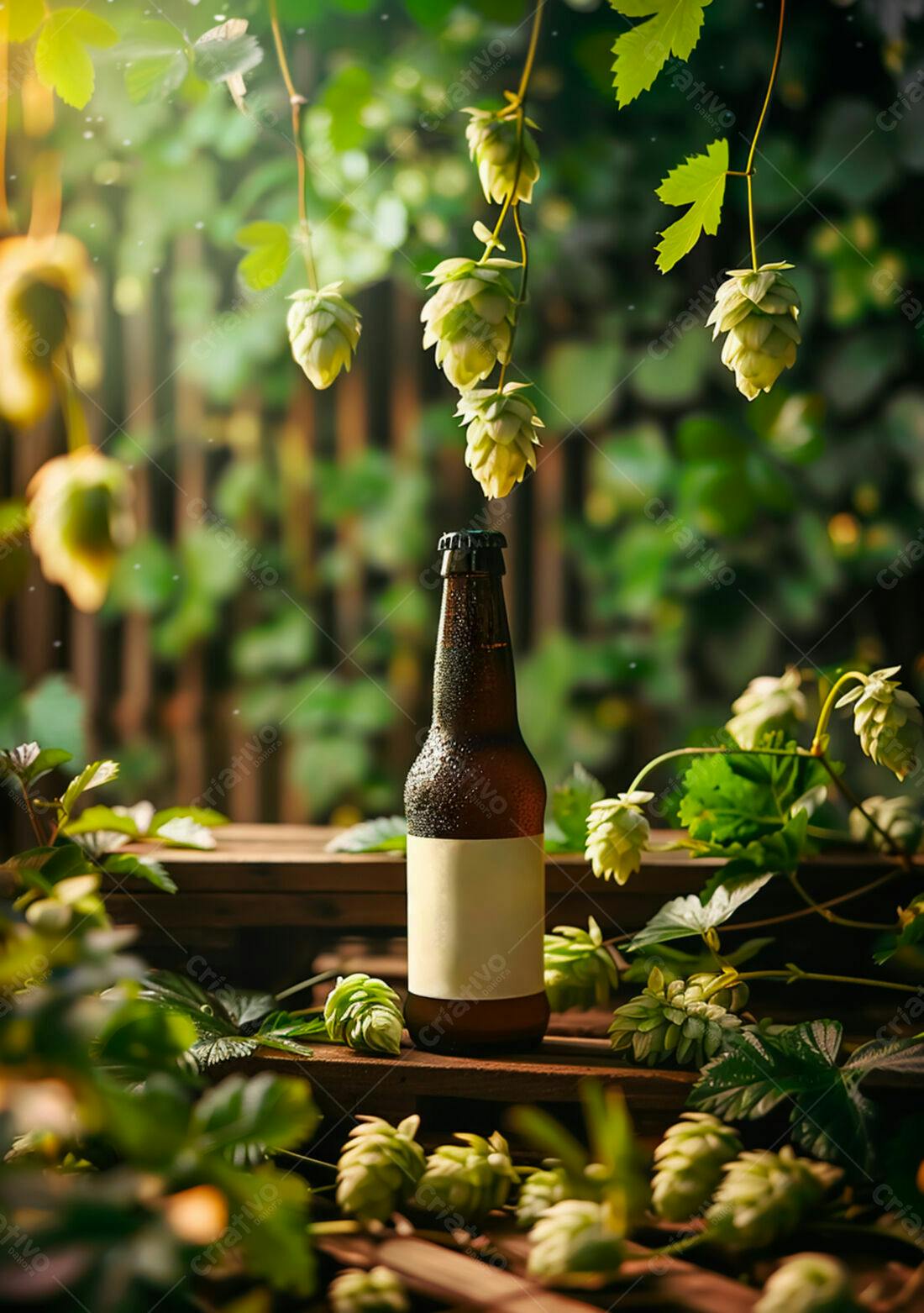 Garrafa de cerveja artesanal com lúpulo