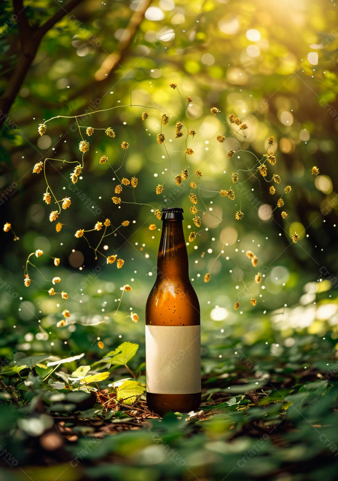 Garrafa de cerveja artesanal em floresta