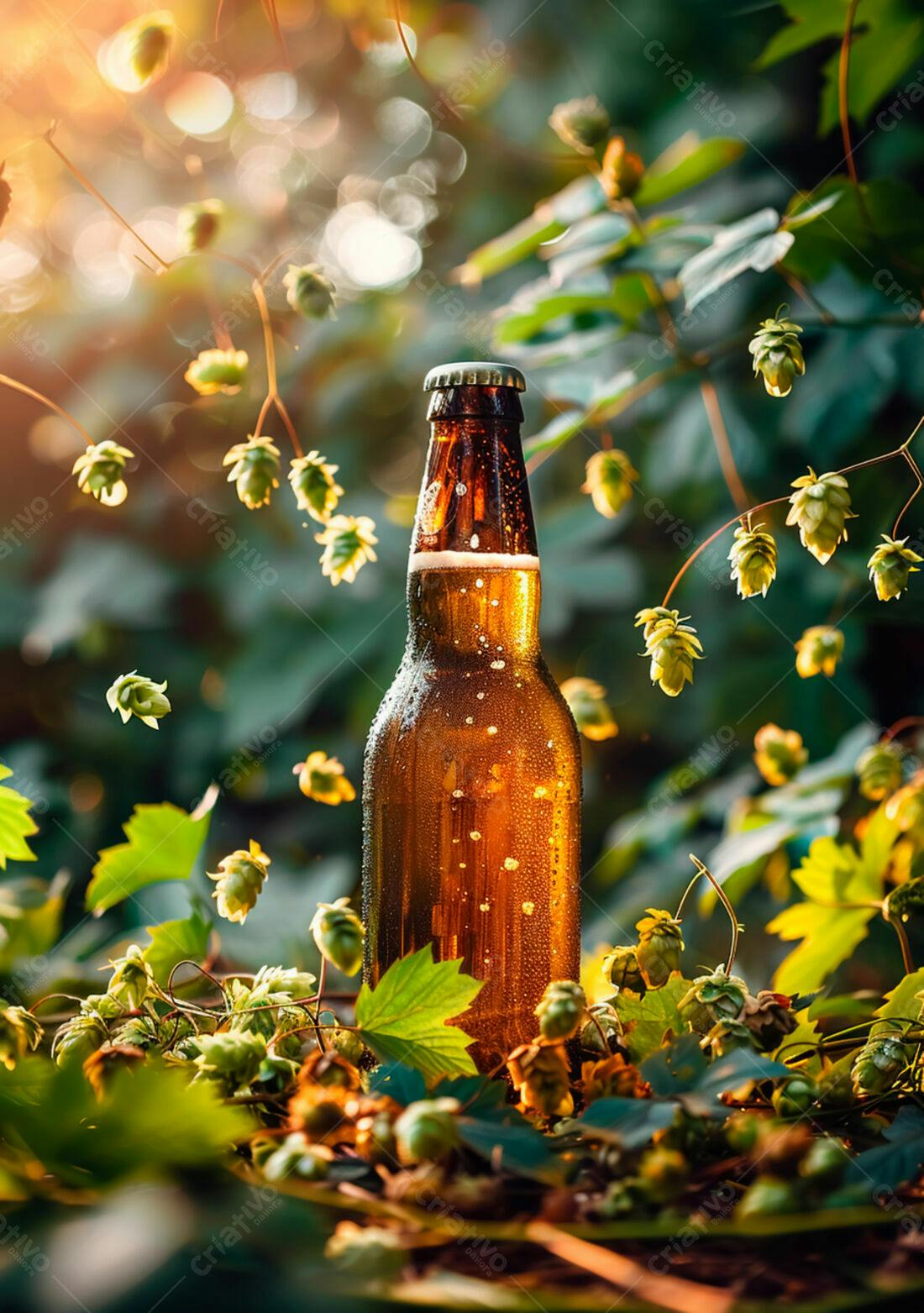 Garrafa de cerveja artesanal com lúpulo