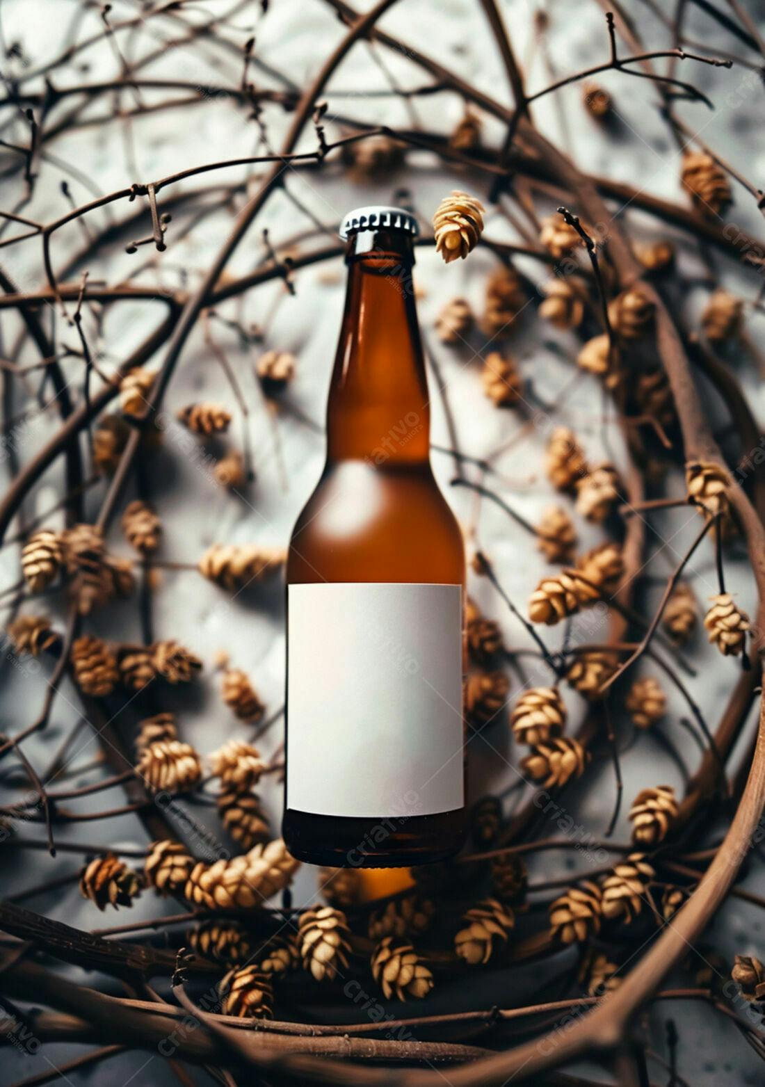 Garrafa de cerveja artesanal com lúpulo