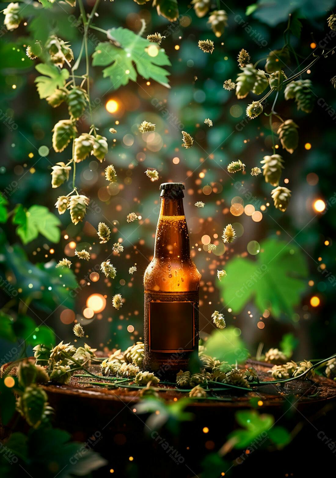 Garrafa de cerveja artesanal com lúpulo