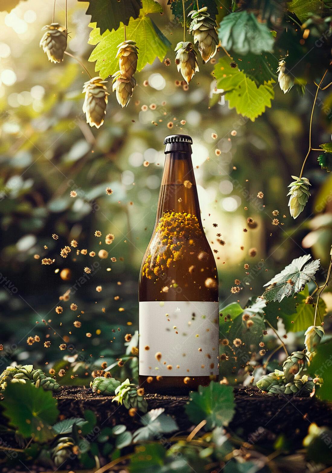 Garrafa de cerveja artesanal em cenário natural