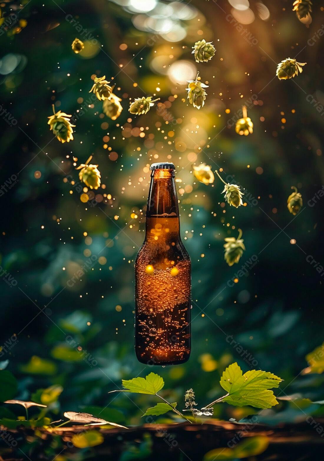 Garrafa de cerveja artesanal com lúpulo
