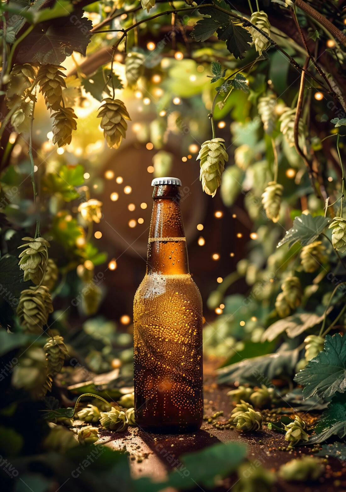 Garrafa de cerveja gelada com lúpulo
