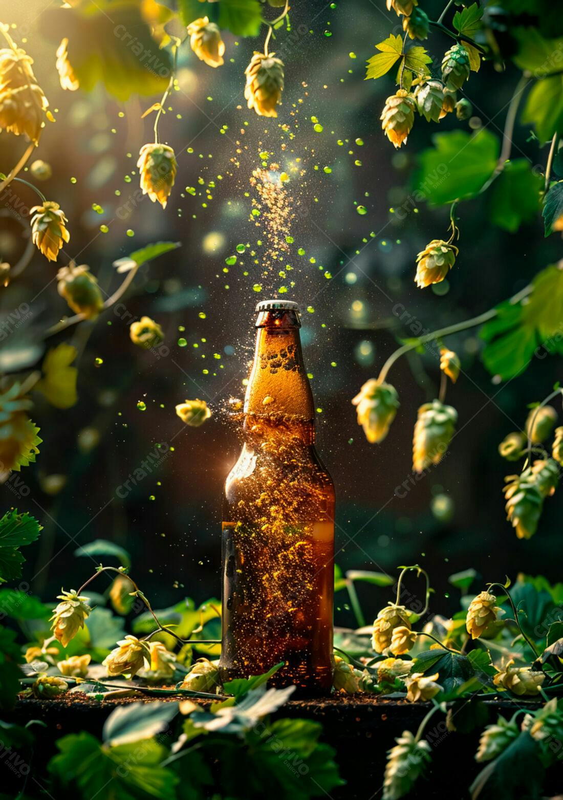Garrafa de cerveja com lúpulo e explosão