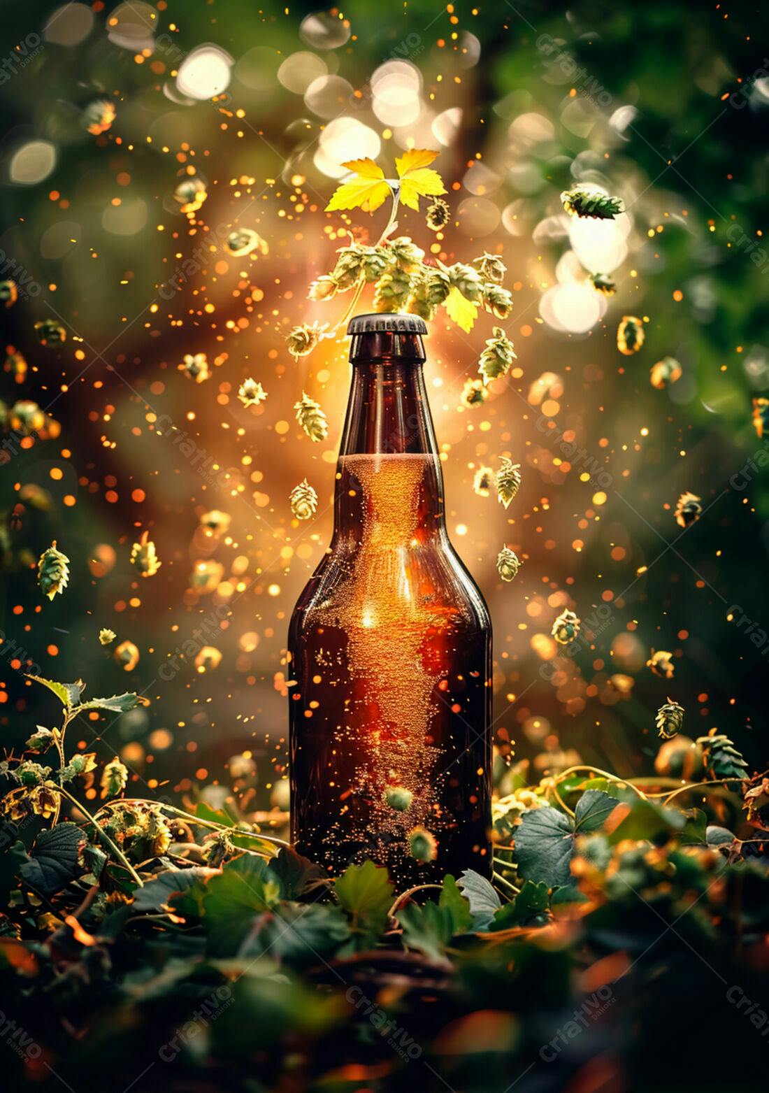 Garrafa de cerveja artesanal com lúpulo