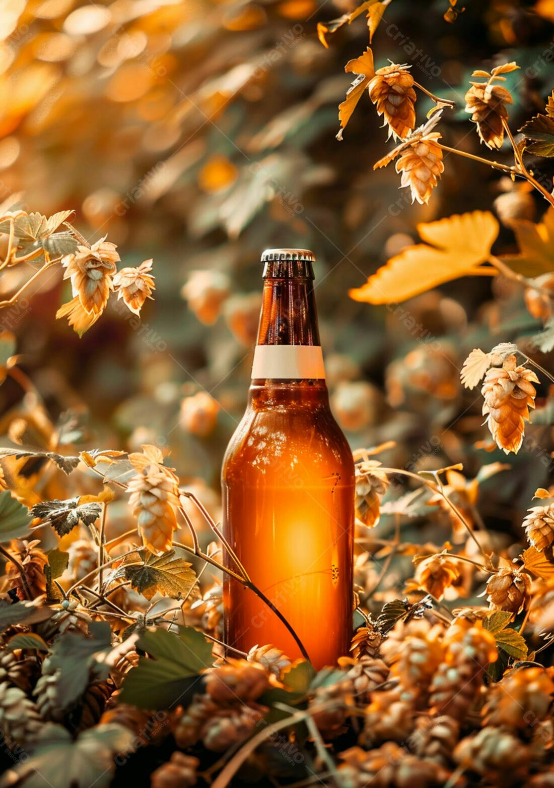 Garrafa de cerveja em plantação de lúpulo